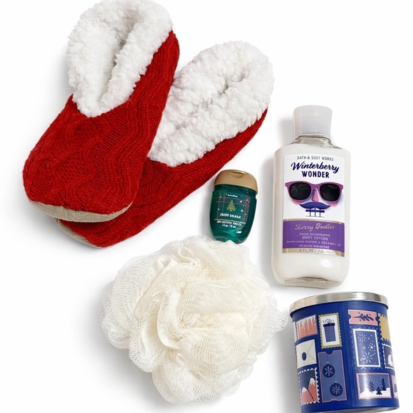 Other - Bath and Body Bundle  with Red Slippers with White Fleece Lining